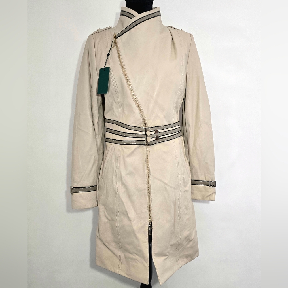 Genuine Lamb Leather Trench Coat Womens OTTIMO Beige Belted Long EU 42-L
